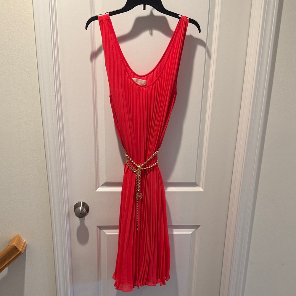 MICHAEL Michael Kors Red Pleated Sleeveless Midi Dress with Gold Chain Belt